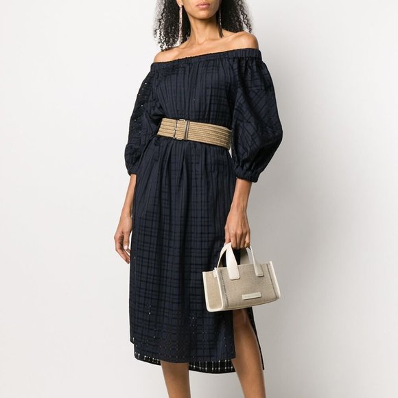 Brunello Cucinelli Dresses & Skirts - Brunello Cucinelli Idi Midi Dress Off Shoulders Navy Raffia Monili Belt Medium